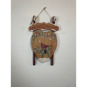 Vintage Wooden Heart Cardinal Seasons Greetings Sled Christmas Wall Decor